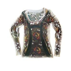Y2K Sheer Mesh Long Sleeve‎ Top | Abstract Print | XS/S Fit